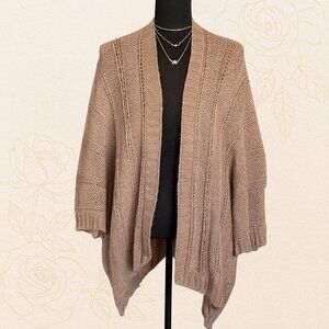 Wooden Ships Open Knit Cardigan Sweater • Taupe Drape Front Boho Lightweight OS